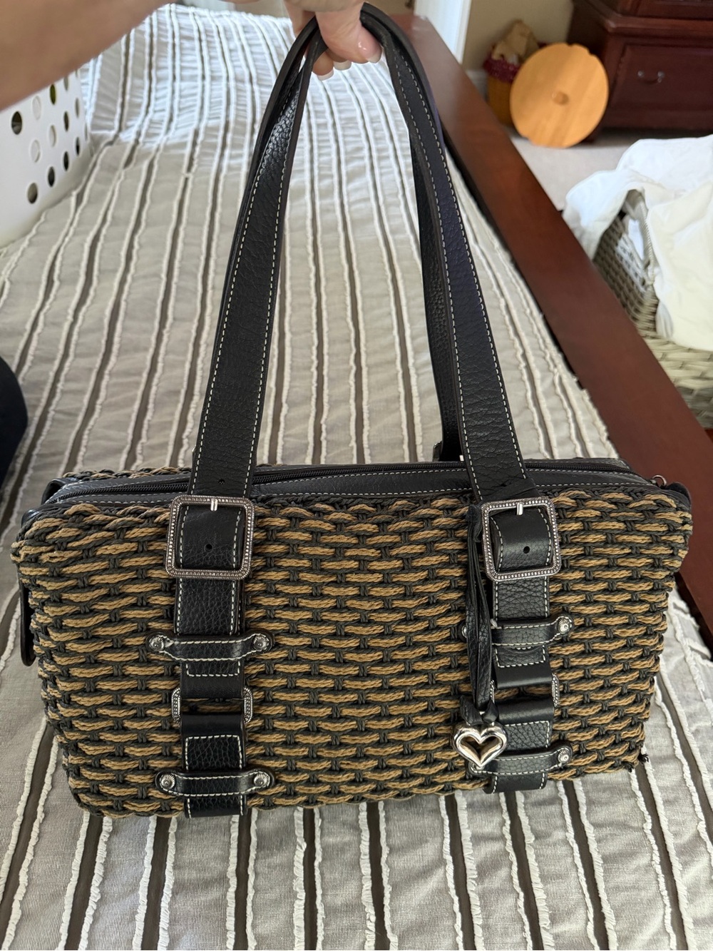 Brighton Woven Brown and Black Shoulder Tote Bag with Heart Charm